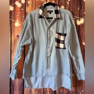 Upcycled Denim Shirt with Plaid Accents